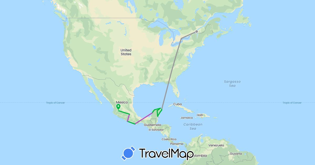 TravelMap itinerary: driving, bus, plane, train in Canada, Mexico (North America)